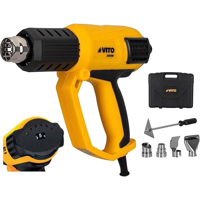 VITO Heißluftpistole 2000W bis 50 bis 650°C mit 9 Heizstufen inkl. Vorsatzdüsen-Set im Koffer - VIPAQR2000