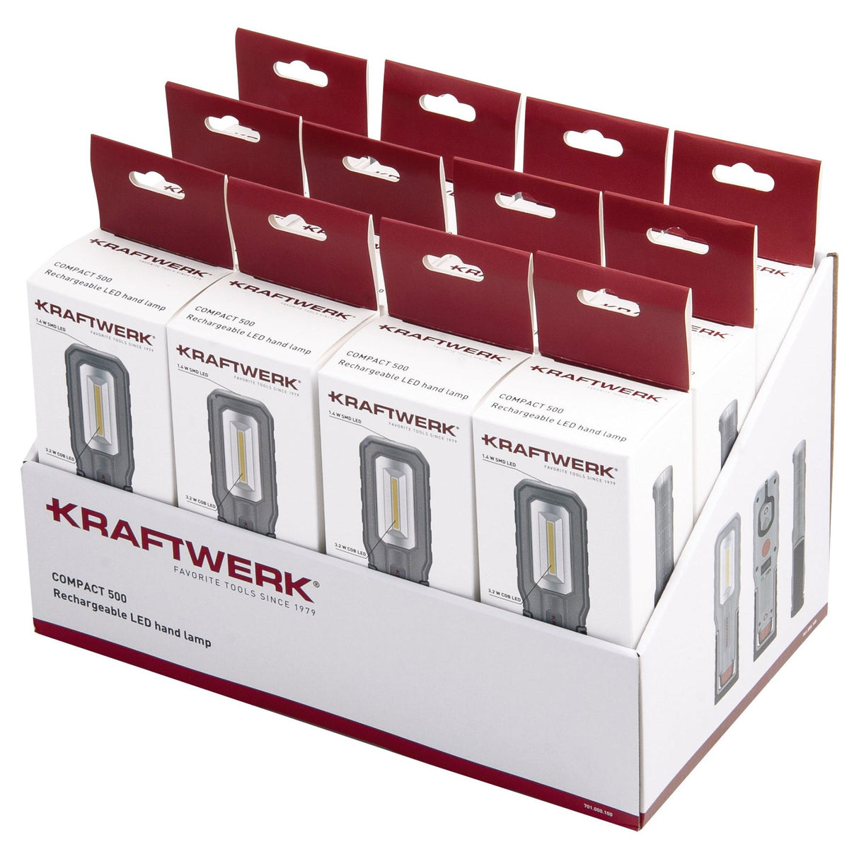 Kraftwerk LED Akku Handlampe COMPACT 500, 180° schwenkbar, magnetisch, Verkaufsdisplay mit 12 Stk