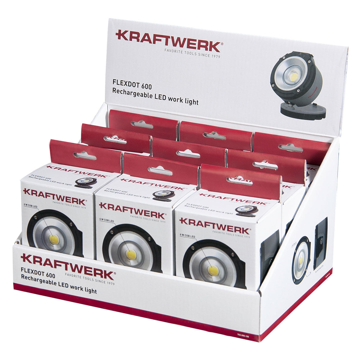 Kraftwerk LED Akku Arbeitsleuchte FLEXDOT 600, 100° Abstrahlwinkel, 600 Lumen, IP65, mit USB-C Ladegerät, Verkaufsdisplay mit 9 Stk