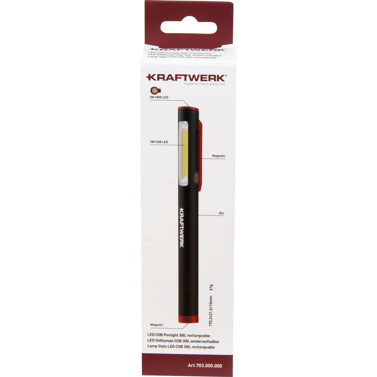 Kraftwerk Akku-Stiftlampe COB 300, schwarz, 300 Lumen, USB-C