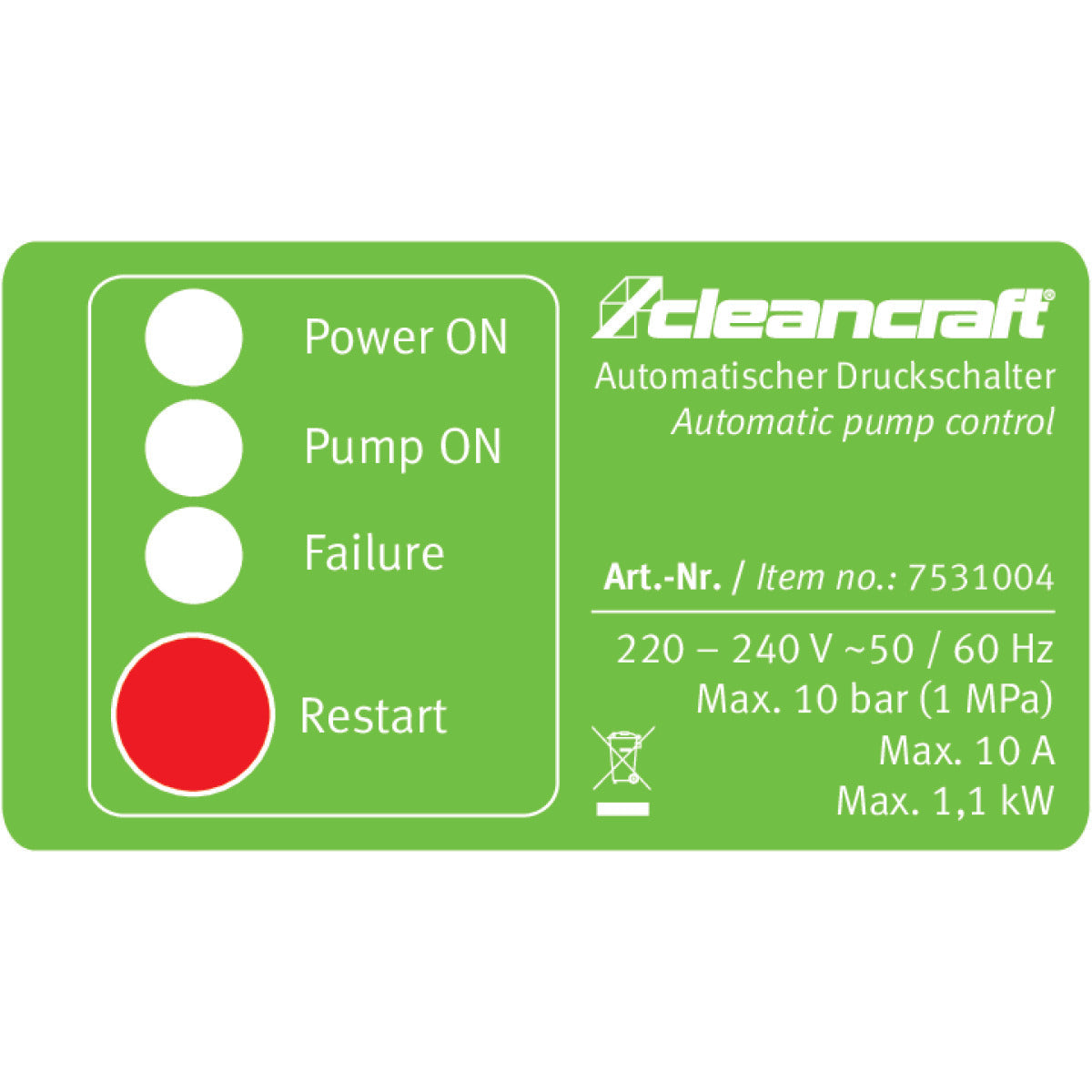 Cleancraft Automatischer Druckschalter für Wasserpumpen - Art. 7531004