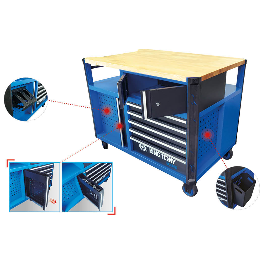 KING TONY Profi-Werkzeuge - Werkzeugwagen "Superb workbench" mit Arbeitsplatte aus Holz 87SQ3410BABK