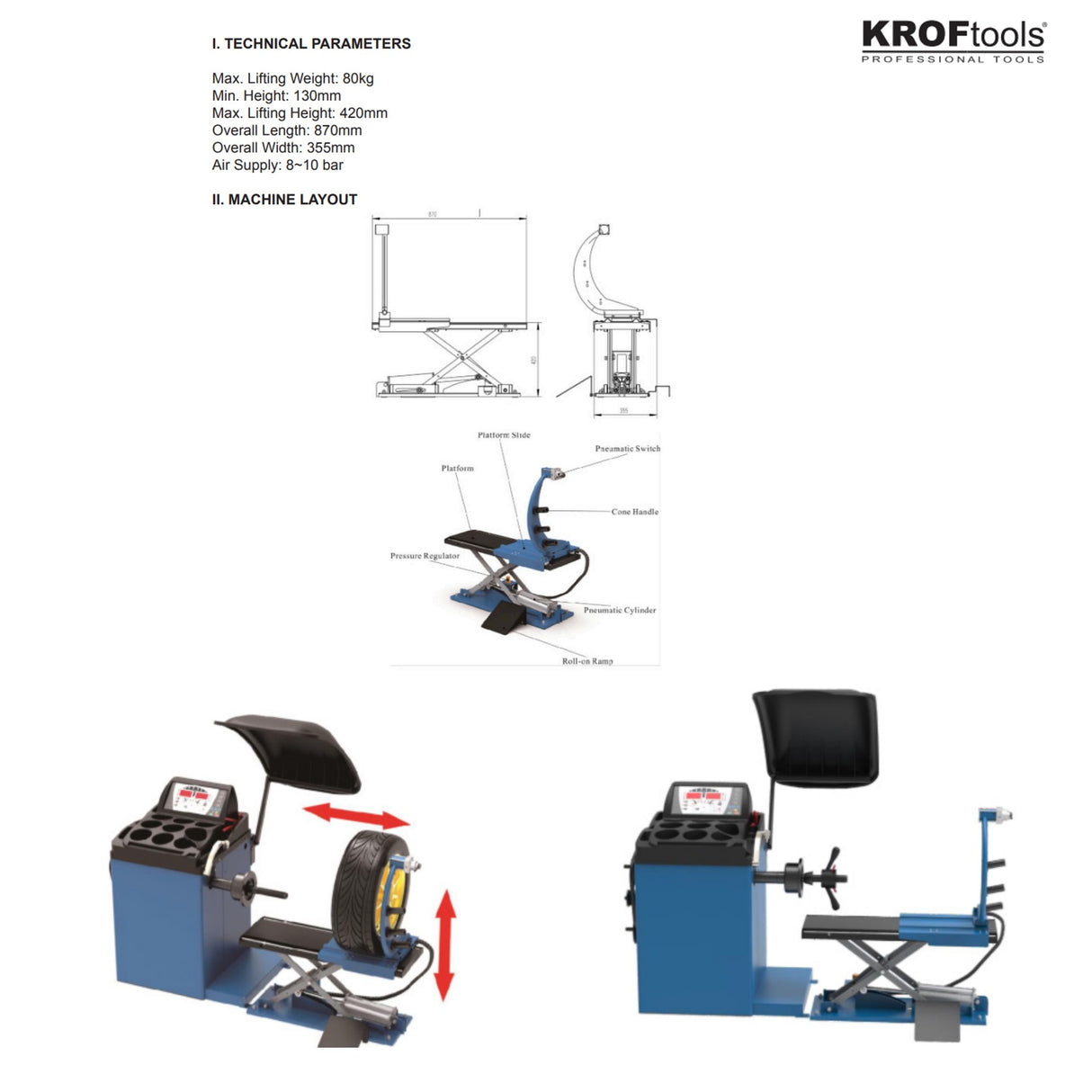 KROFtools Rad Lifter für Auswuchtmaschinen, Radlifter, Reifen Lift, Reifenheber Pneumatischer Antrieb - Radheber Lifter bis 80kg - 9025