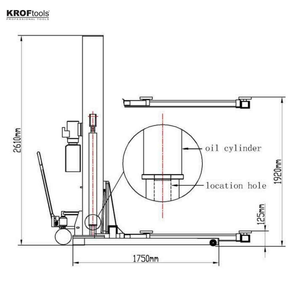 KROFtools 1 Säulen Hebebühne 2.7 t - Mobil - Portabel - 2700kg 1 Pfosten Hebebühne - 9801