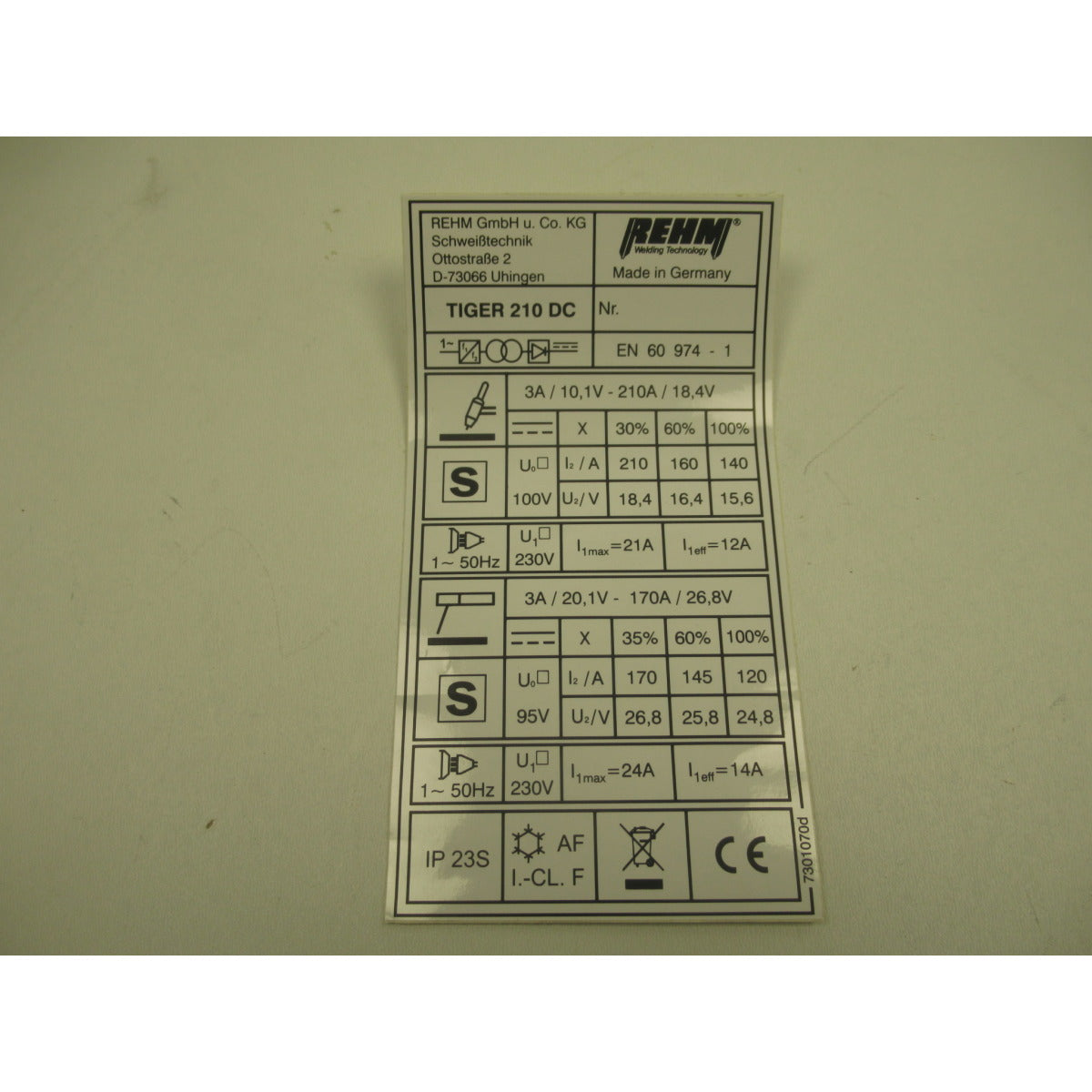 REHM Leistungsschild TIGER 210DC 7301070 SM-01007301070