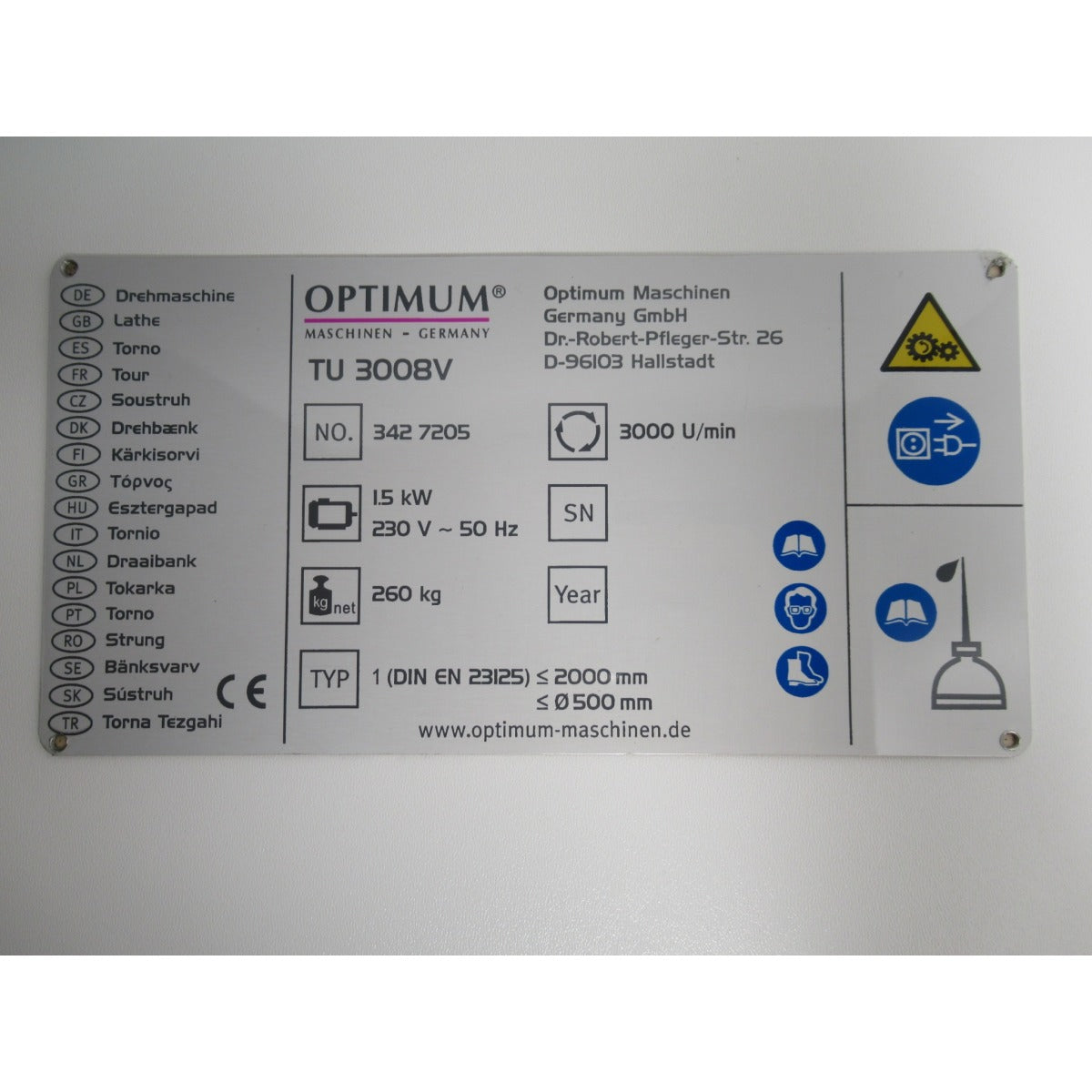 OPTIMUM Maschinenschild TU3008/V SM-03427205L02