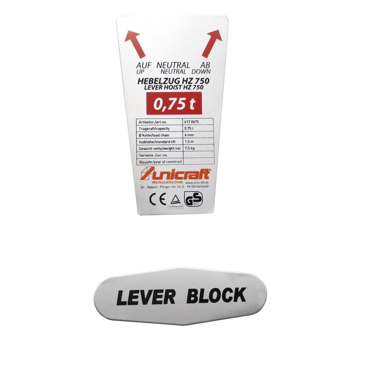 UNICRAFT Typenschild HZ 750 – Version 1 SM-0617067537 - SM.P-0617067537