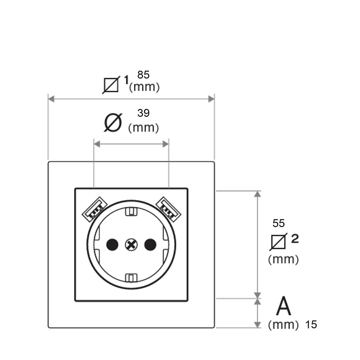 ASLO 230 V USB Schuko Steckdose mit 2 x USB Aluminium RAL 9006 - 10 Stück - ASE202023ALC - 12,95€/Stk.