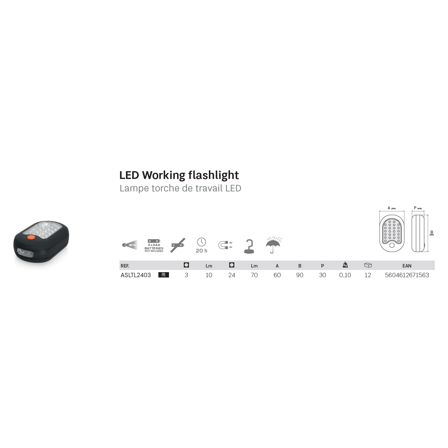 ASLO LED-Arbeitstaschenlampe - LED Werkstattleuchte mit 24+3 LEDs, Magnet und Haken