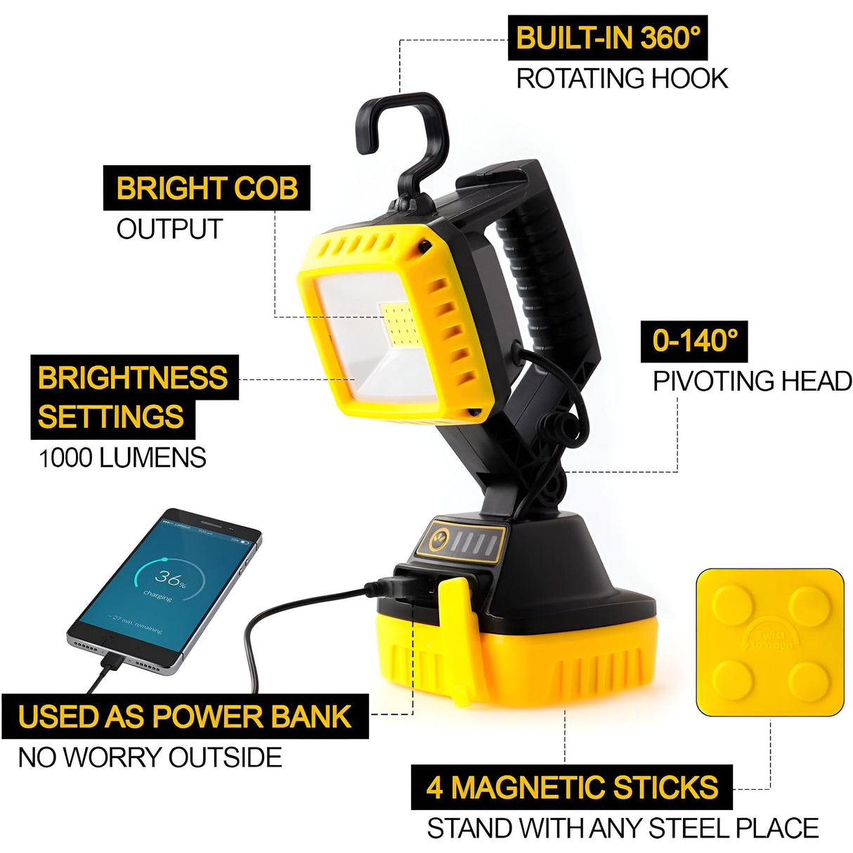 ASLO Magnet Akku LED-Arbeitslampe, USB wiederaufladbare Akku Arbeitstaschenlampe 10W, 1000 LM, 6000K