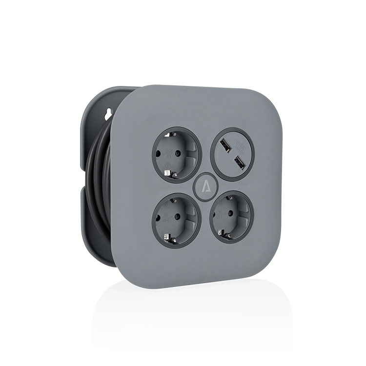 ASLO Büro-Kabeltrommel, Kabeltrommel für Haushalt, 3 Steckdosen, 2P+T, 16 A, Stromunterbrechung, 2 x USB, Grau