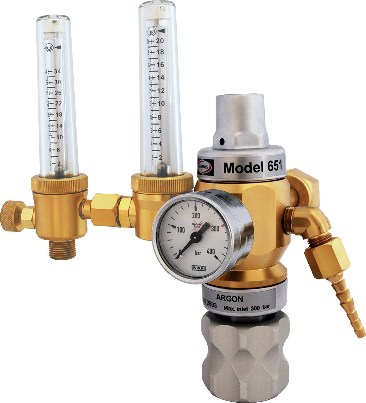 HARRIS Hochleistungsdruckminderer 651-30FLAR-TWIN Argon/CO₂ 200 bar W21,8x1/14 RH mit Doppelflowmeter