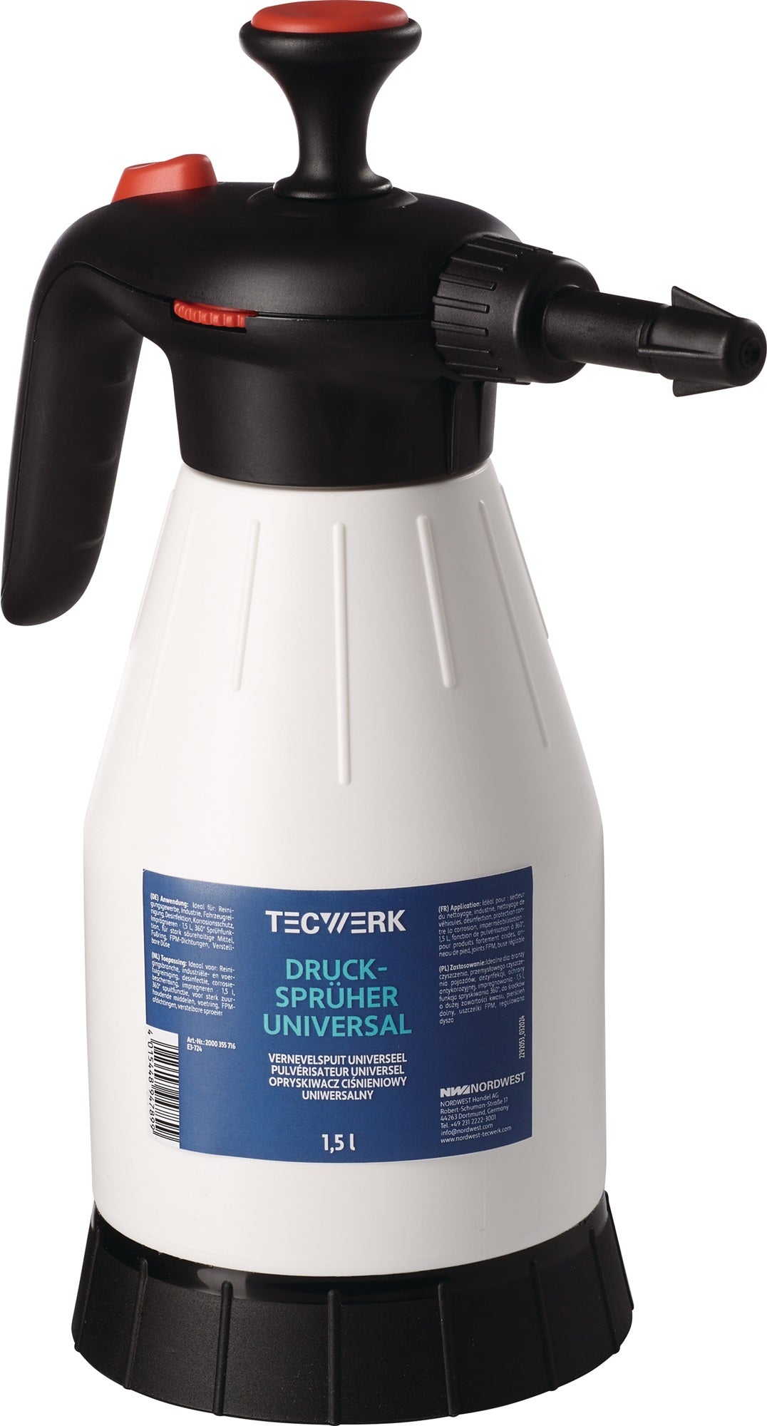 TECWERK Drucksprüher 360° FPM 1,5 l – Chemikalienbeständig, rot