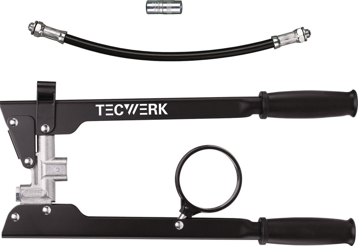 TECWERK Zweihandfettpresse für 500 g Schraubkartuschen Set mit Hochdruckpanzerschlauch