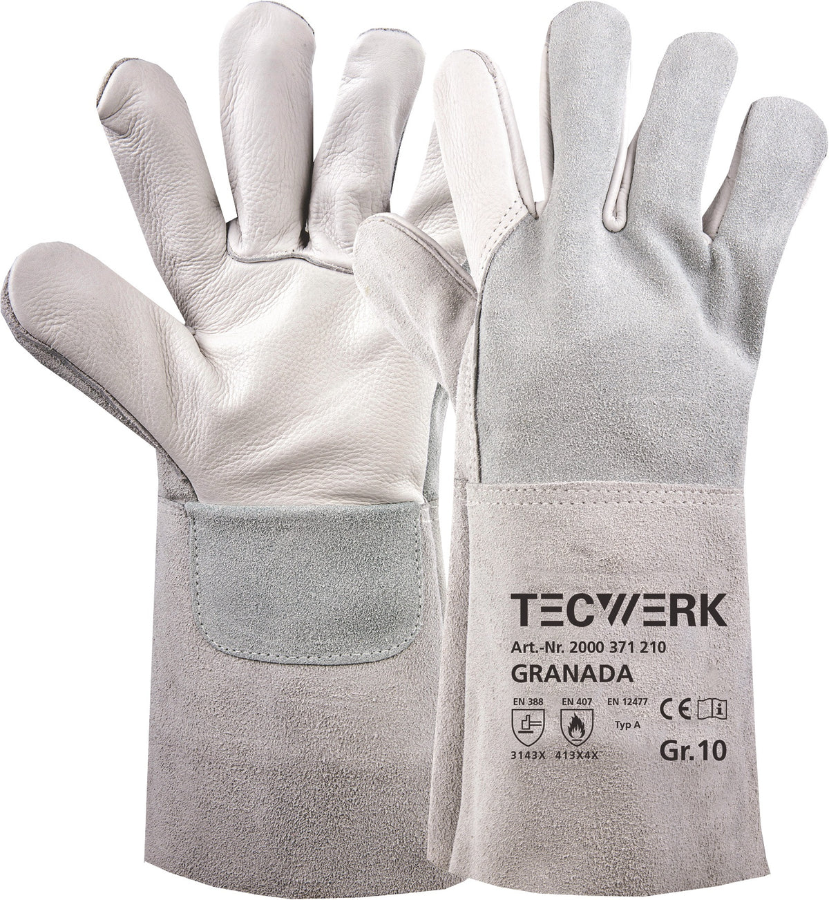 TECWERK Schweißerhandschuhe Granada Gr.10 grau EN 388/407/12477 – 6 Paar Rindnarben-/Spaltleder