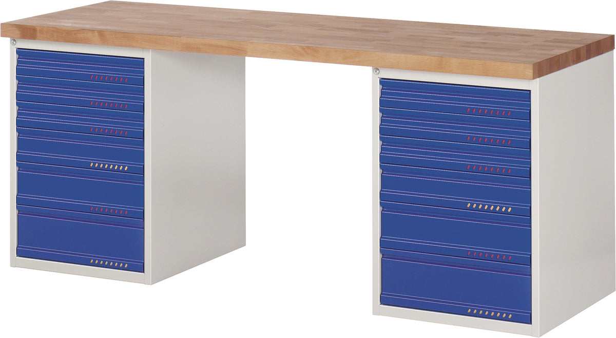 TECWERK Werkbank Serie BK 650 – 1500 mm, 12 Schubladen, Buche, lichtgrau/enzianblau