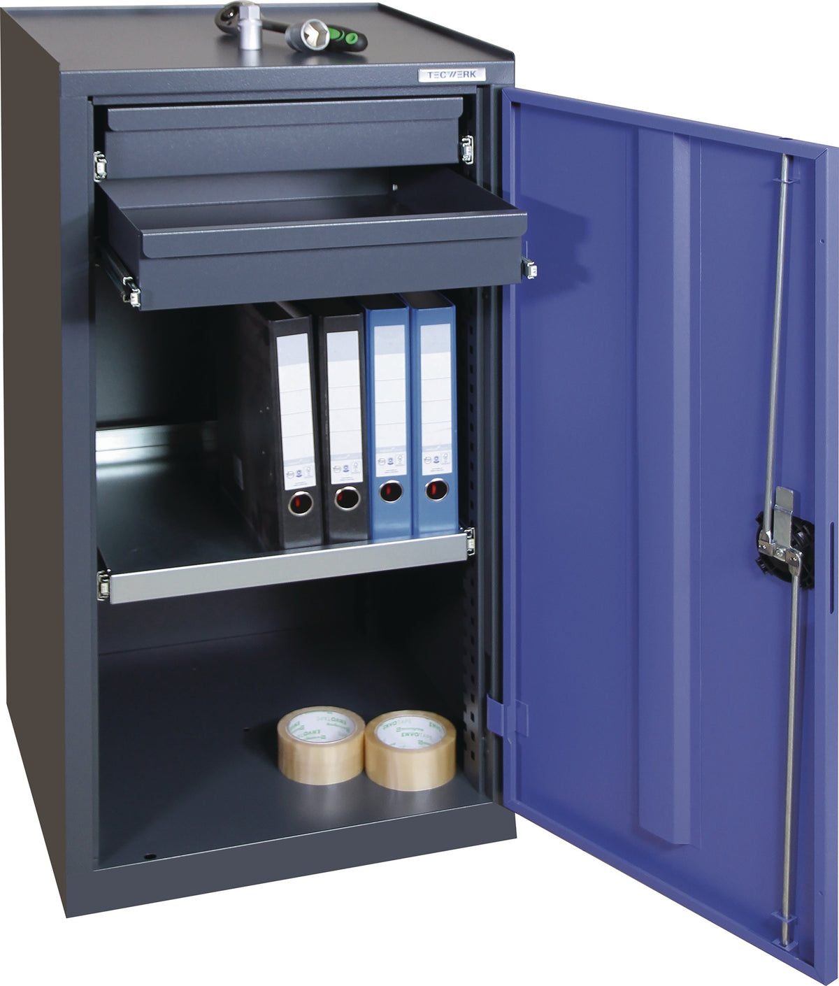 TECWERK Werkzeug-/Beistellschrank 1000x500x500 mm – 1 Schublade, 2 Böden, abschließbar, anthrazit/blau