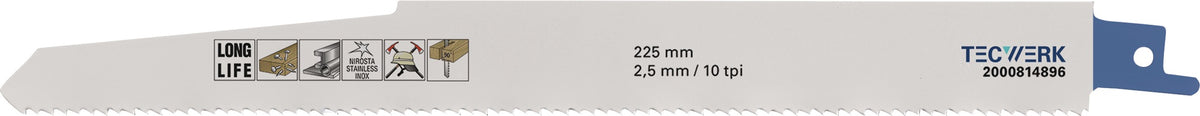 TECWERK Säbelsägeblatt 225 mm Bimetall TPI 10/14 für Metall und Holz mit Nägeln