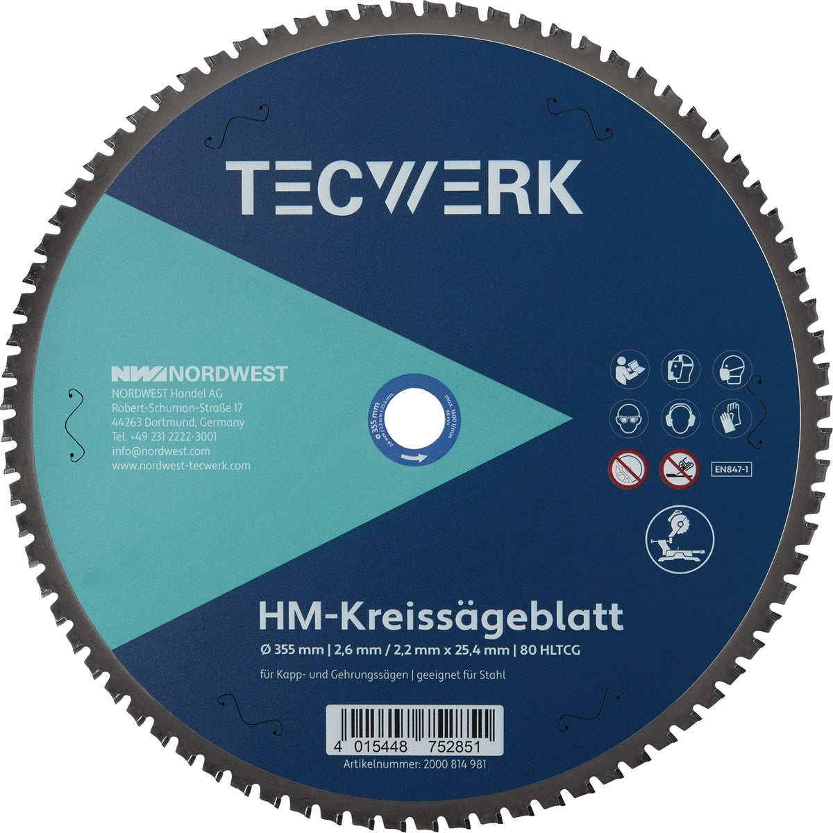 TECWERK Tisch-/Kappkreissägeblatt 305 mm Z60 HLTCG für Stahl, Bohrung 25,4 mm