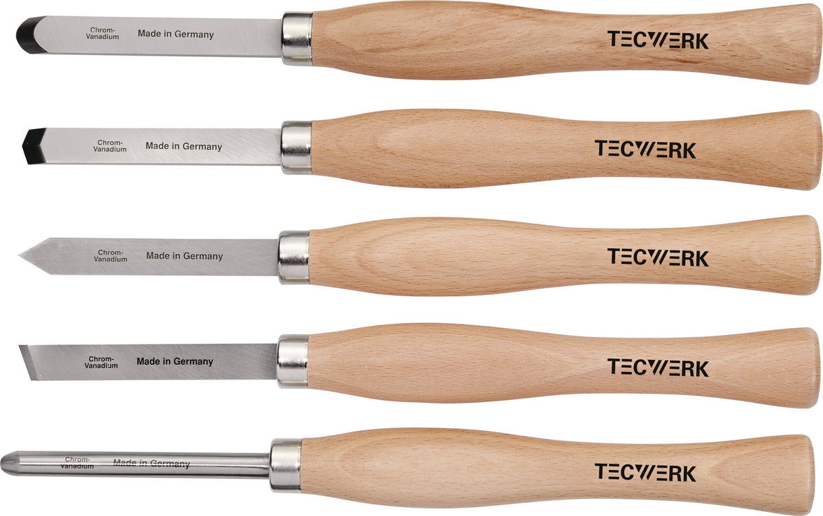 TECWERK Drechslerbeitelsatz 5-teilig – Abstech-, Hohl-, Schräg-, Spitz- und Rundmeißel aus CV-Stahl