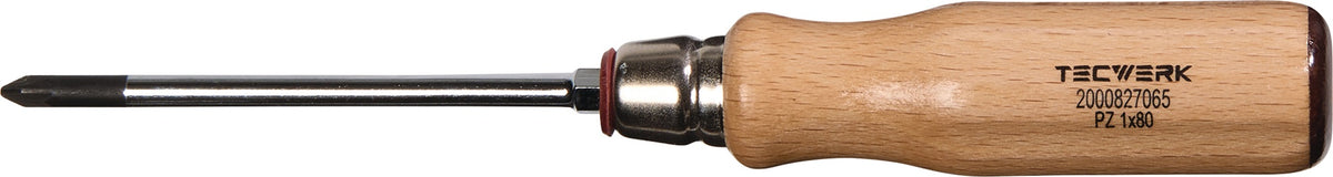 TECWERK Schraubendreher PZD 1 mit Holzgriff, Rundklinge und 6-Kant Ansatz, 80 mm Klinge