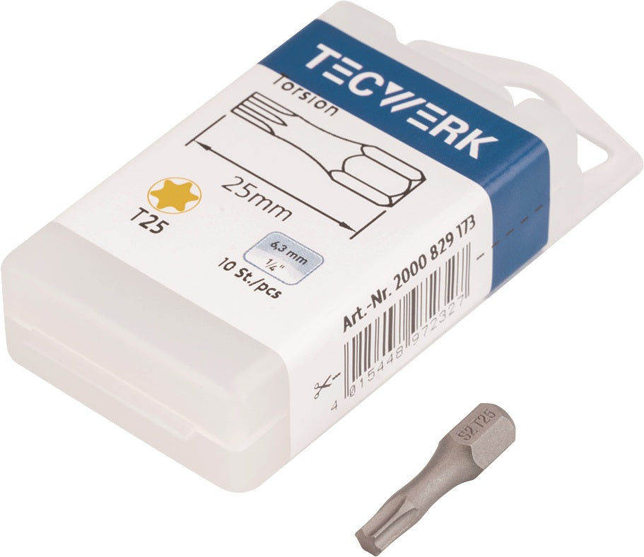 TECWERK Bit T 10 Torsionszone 1/4 Zoll, 25 mm, S2-Stahl