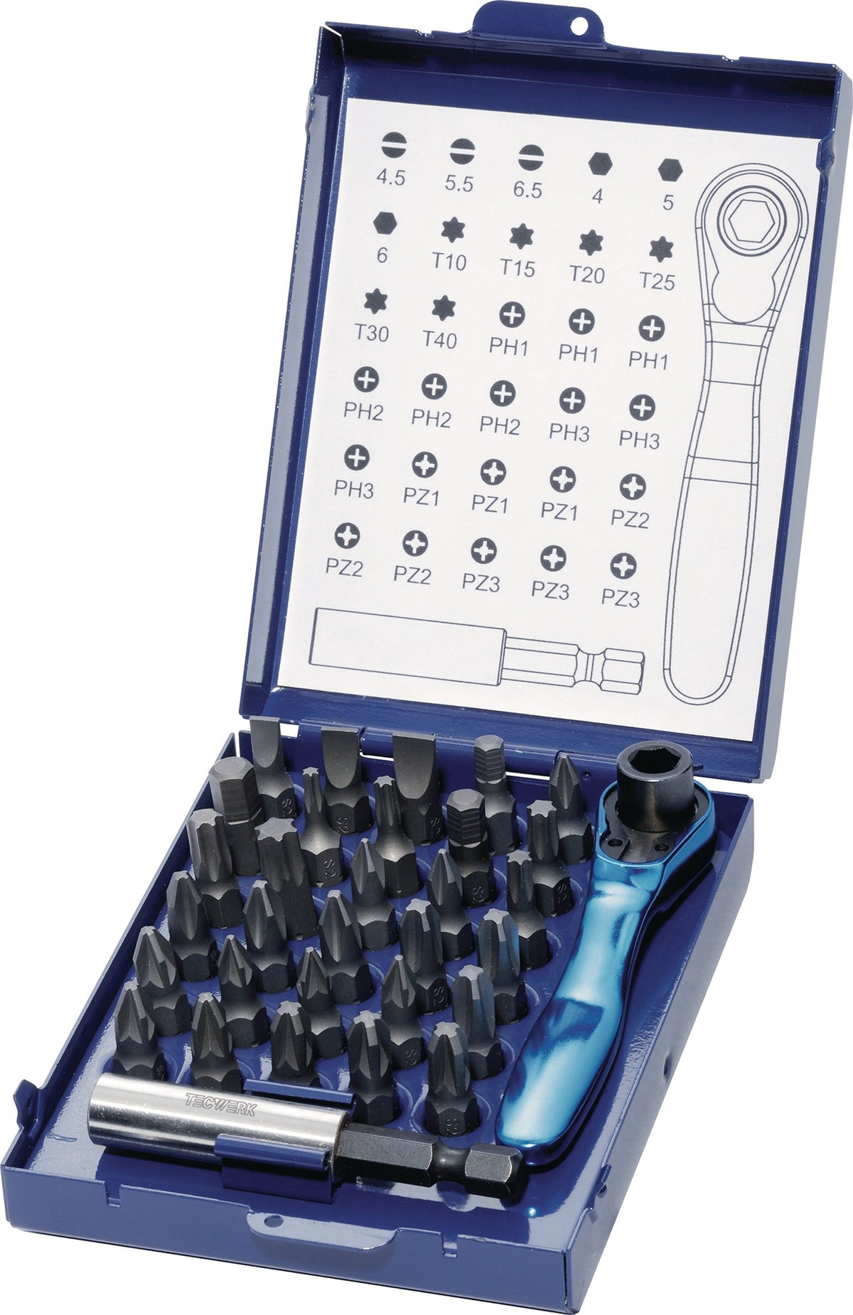 TECWERK Bitsortiment 32-teilig Schlitz/PH/PZD/T/6KT. mit Bitknarre und Magnet-Bithalter