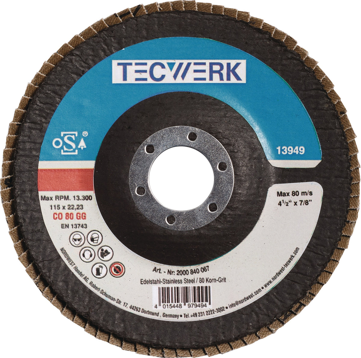 TECWERK Fächerscheibe Ø115 mm K80 konisch INOX Keramikkorn CO – 10 Stück