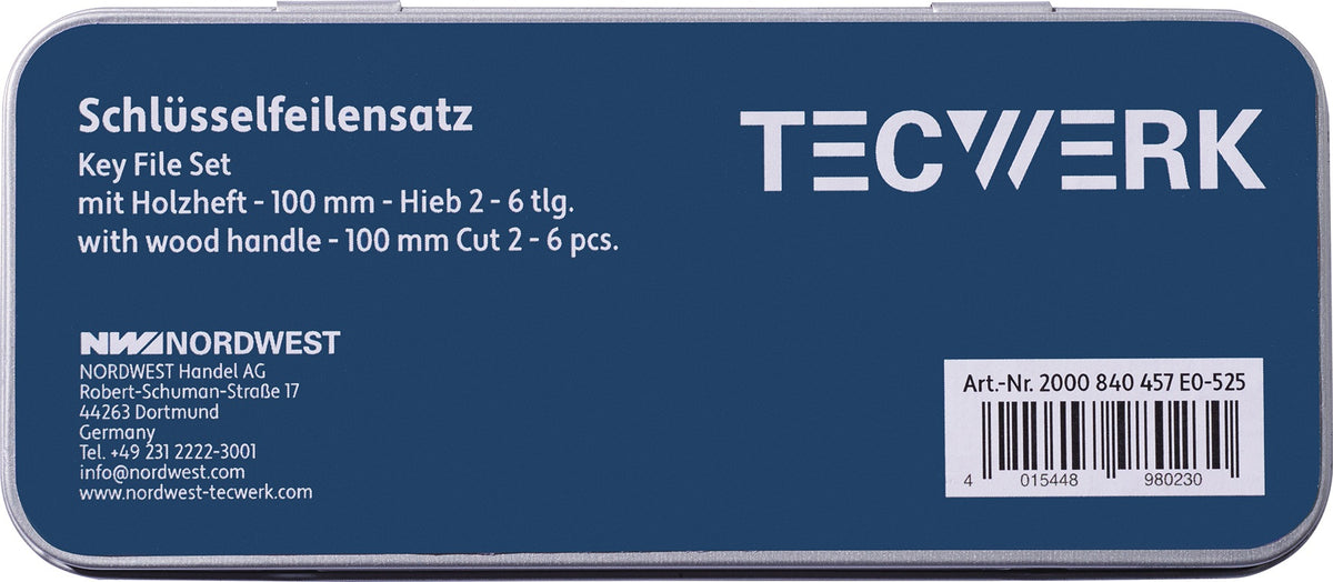 TECWERK Schlüsselfeilensatz DIN 7283 A-F 100 mm Hieb 2, 6-teilig mit Holzheft