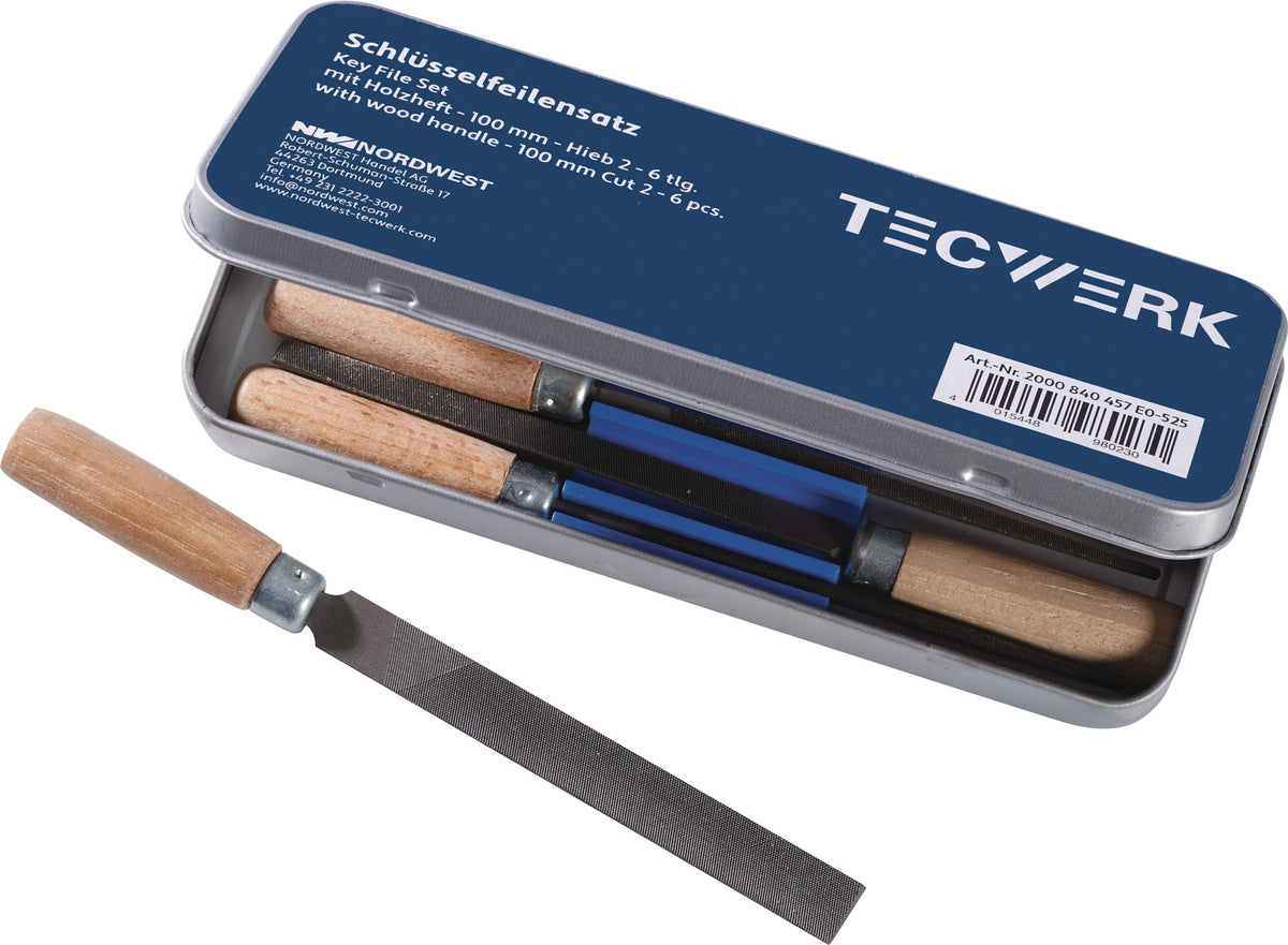 TECWERK Schlüsselfeilensatz DIN 7283 A-F 100 mm Hieb 2, 6-teilig mit Holzheft