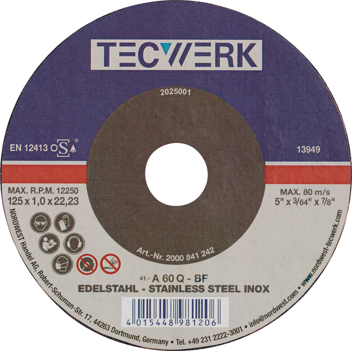 TECWERK Trennscheibe INOX 115x1 mm, gerade, Bohrung 22,23 mm – 25 Stück