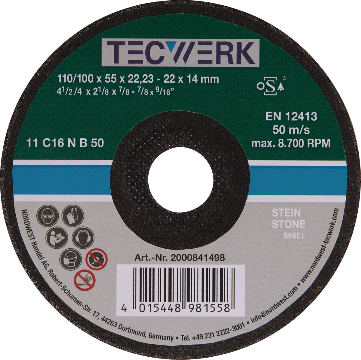 TECWERK Schleiftopf A16Q 110/100 mm für Stahl und Stahlguss, Bohrung 22,23 mm, 16 Körnung