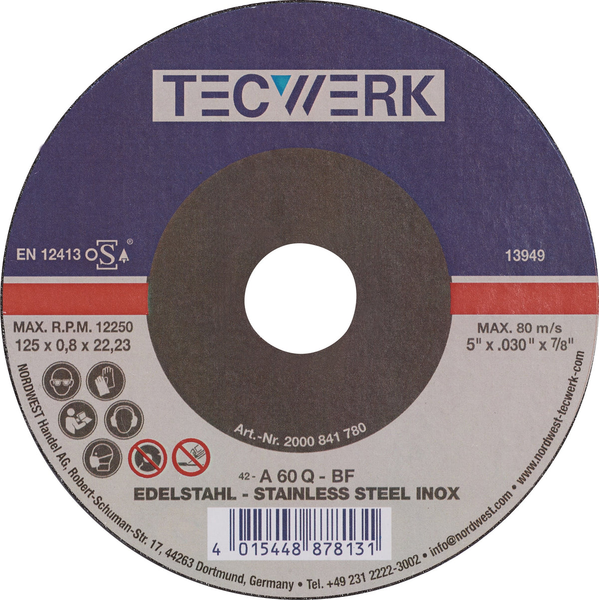 TECWERK Trennscheibe D125 x 0,8 mm gekröpft INOX, 25 Stück, für Edelstahl und Stahl