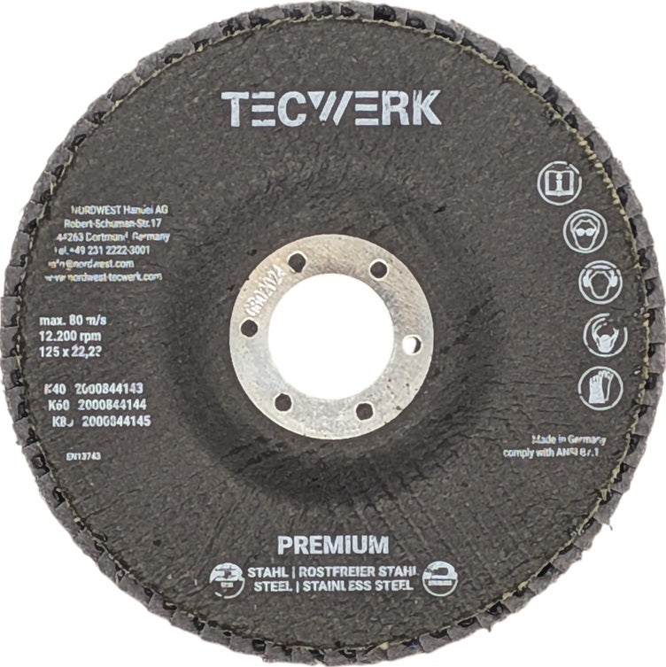TECWERK Fächerscheibe Action Ø125 mm K40 konisch Zirkon für Stahl/Edelstahl