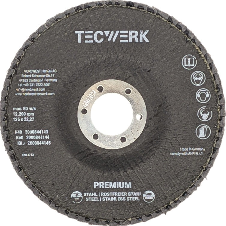 TECWERK Fächerscheibe Action Ø125 mm K40 konisch Zirkon für Stahl/Edelstahl