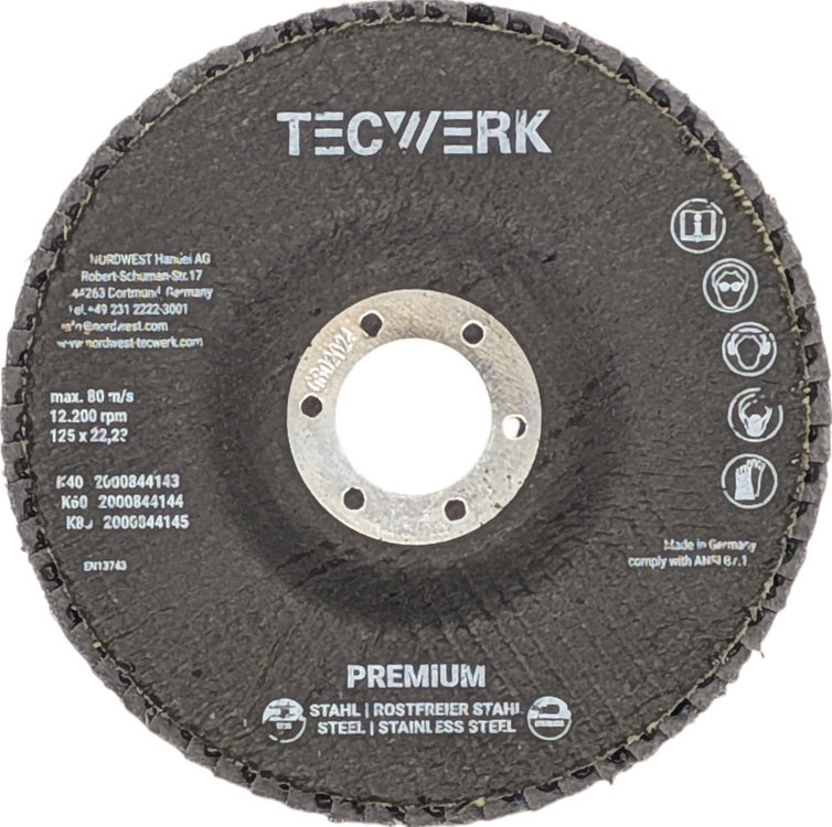 TECWERK Fächerscheibe Action Ø125 mm K40 konisch Zirkon für Stahl/Edelstahl