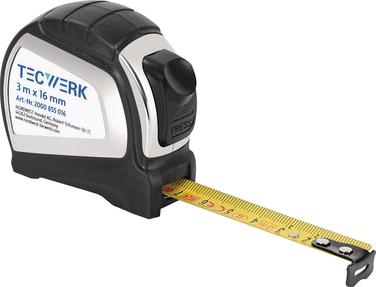 TECWERK Taschenrollbandmaß 3 m, 16 mm Bandbreite, mm/cm Teilung, EG II, Automatic – 2K-Gehäuse