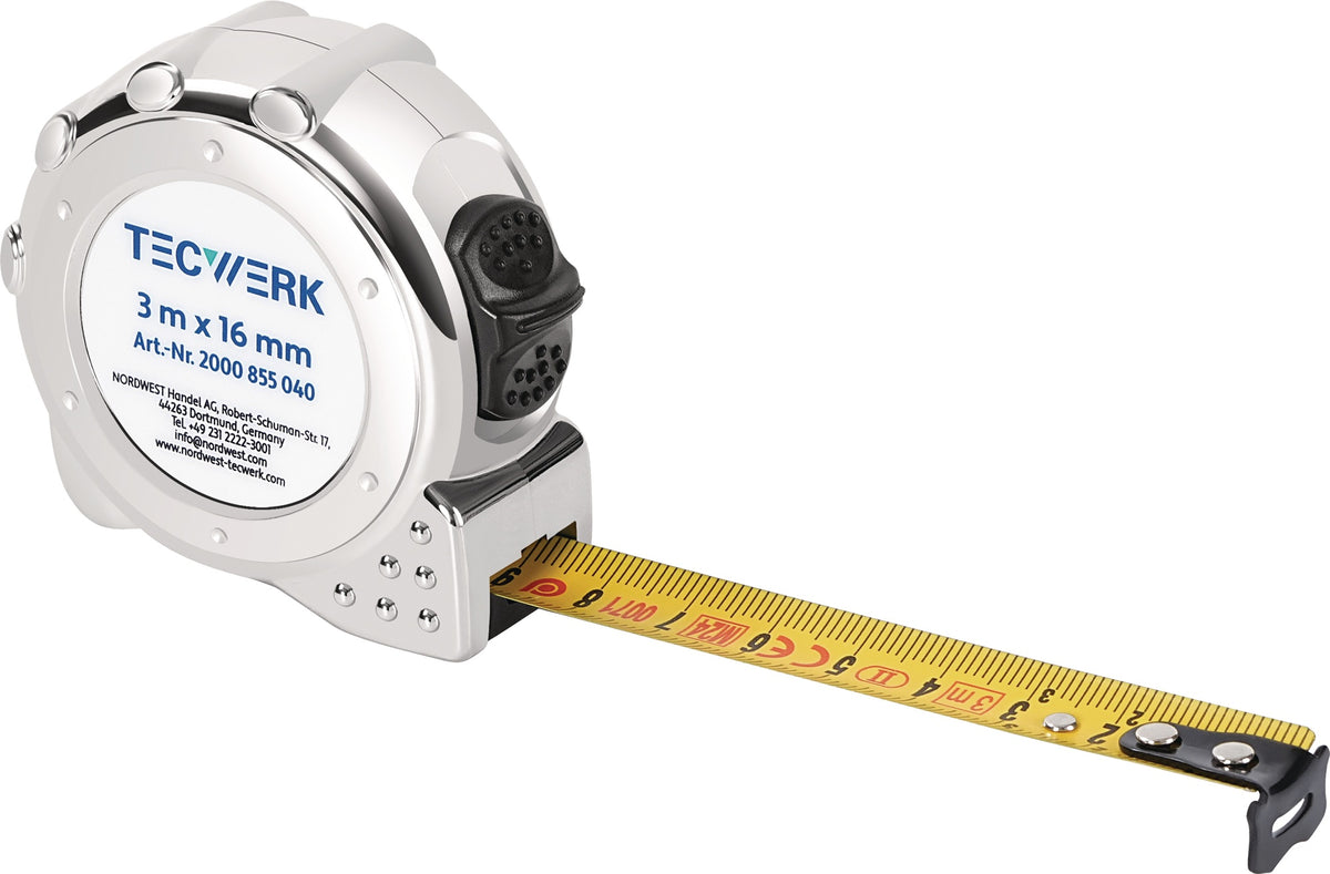 TECWERK Taschenrollbandmaß 3 m, 16 mm Bandbreite, mm/cm Teilung, EG II Genauigkeit, verchromtes Kunststoffgehäuse