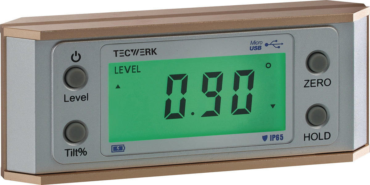 TECWERK Neigungsmesser 0-90° digital, Ablesung 0,05°, IP65, mit Akku