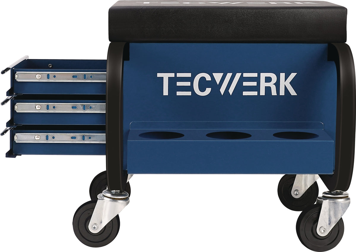 TECWERK Werkstattrollsitz mit Rollen und Ablage – Kunstlederpolster blau/schwarz, 130 kg