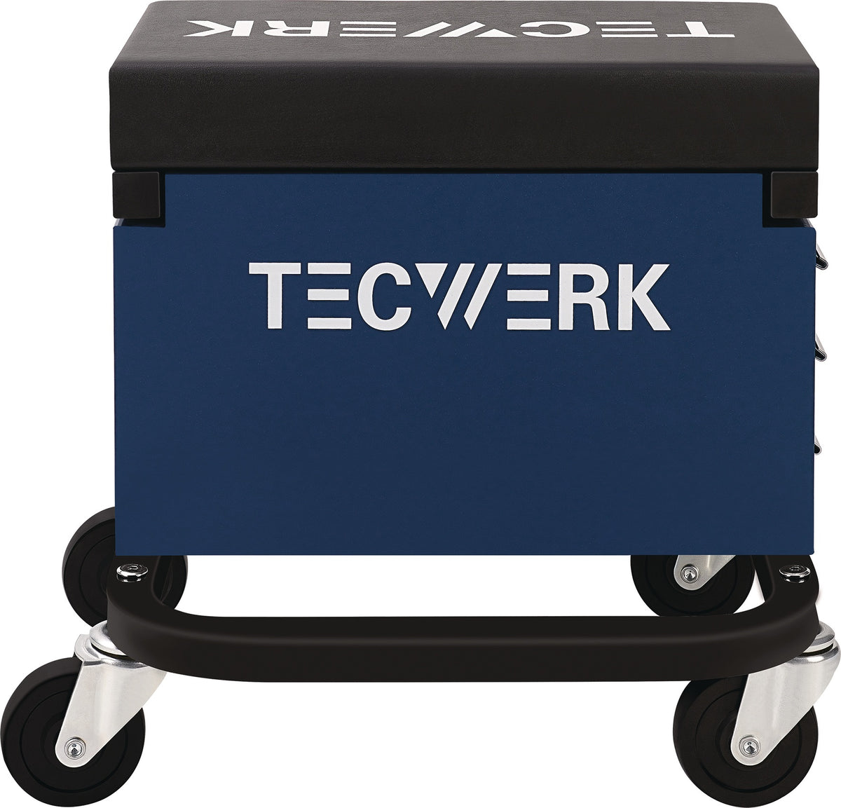 TECWERK Werkstattrollsitz mit Rollen und Ablage – Kunstlederpolster blau/schwarz, 130 kg