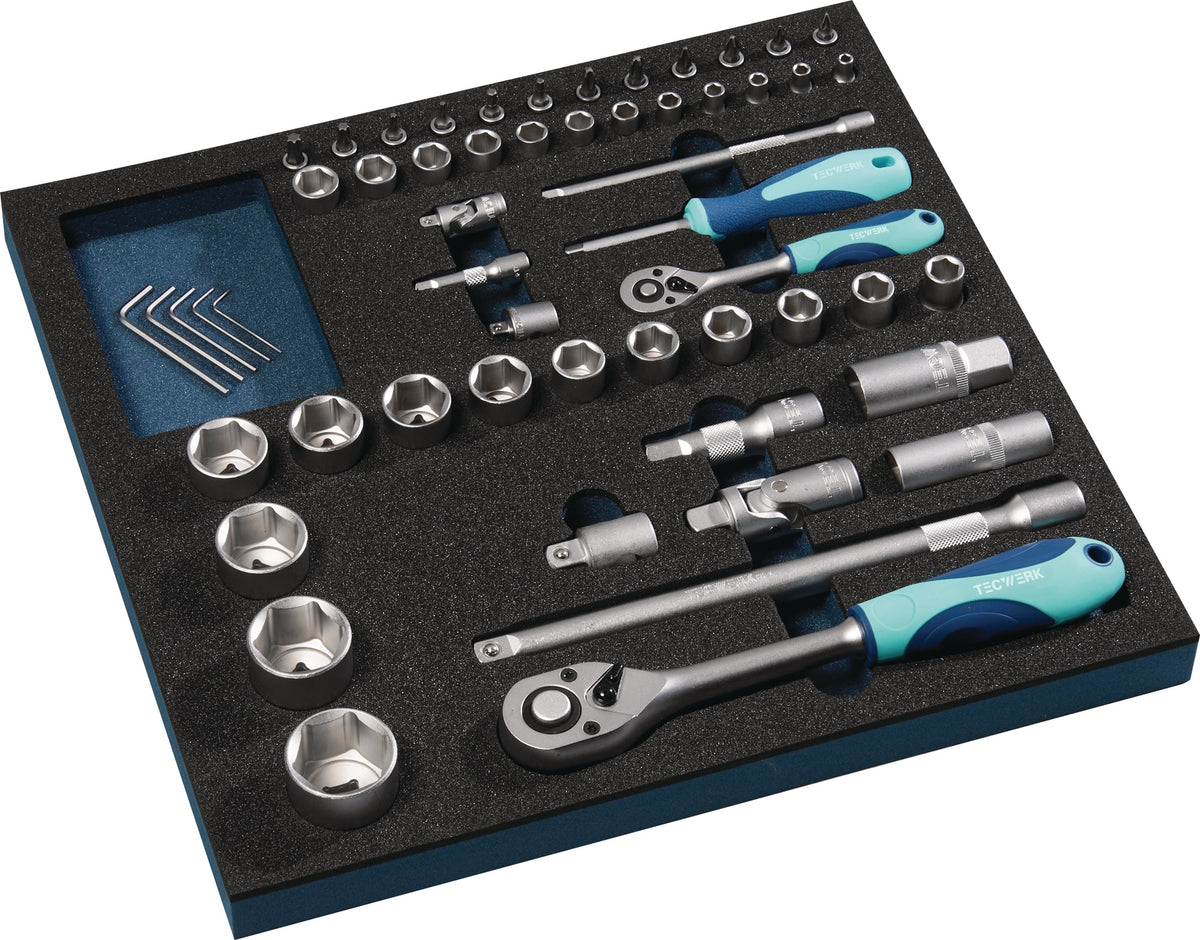 TECWERK Werkzeugmodul 55-teilig – Steckschlüsselsatz 1/4" & 1/2" für Werkstattwagen