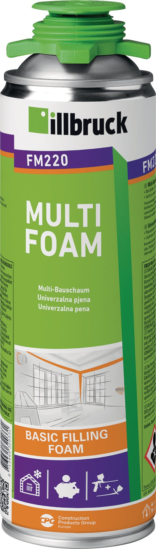 ILLBRUCK 1K-PUR-Schaum FM220 B2 gelb 750 ml – 12er Pack mit Einweghandschuhen