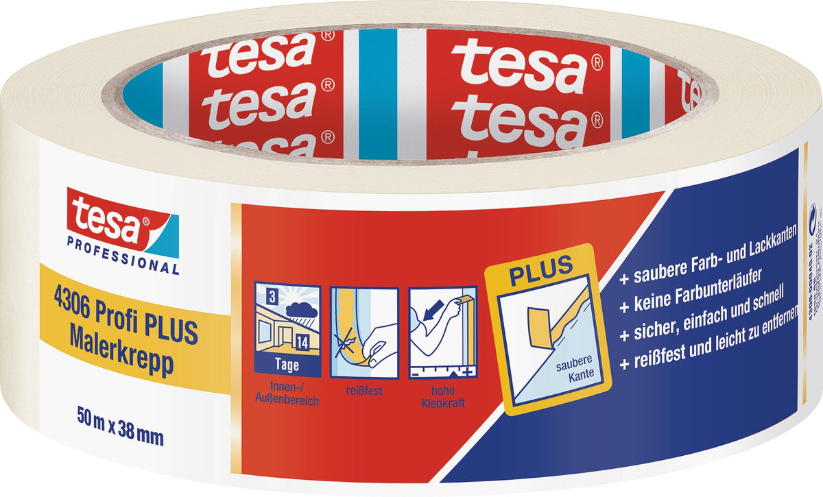 tesa Malerkreppband 4306 Profi PLUS leicht gekreppt hellbeige 50m x 19mm – 16 Rollen