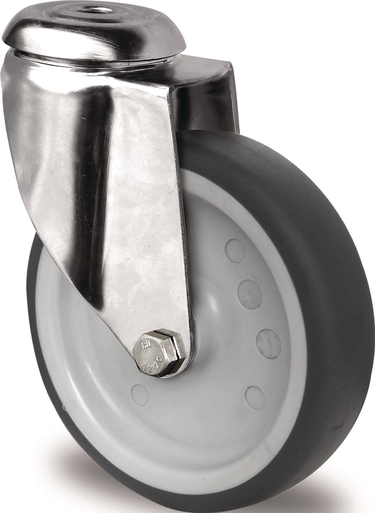 PROMAT Edelstahl-Lenkrolle 50 mm, 50 kg, TPE grau, Rückenloch, Gleitlager – rostfrei