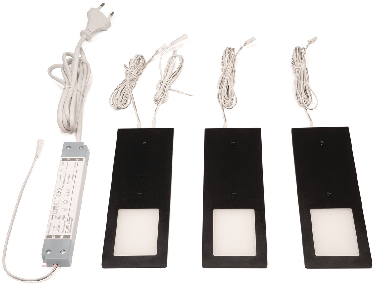 L&S Anbauleuchte Planar L neutralweiß 24V DC 3x3 W schwarz – LED-Möbelbeleuchtung mit Dimmfunktion