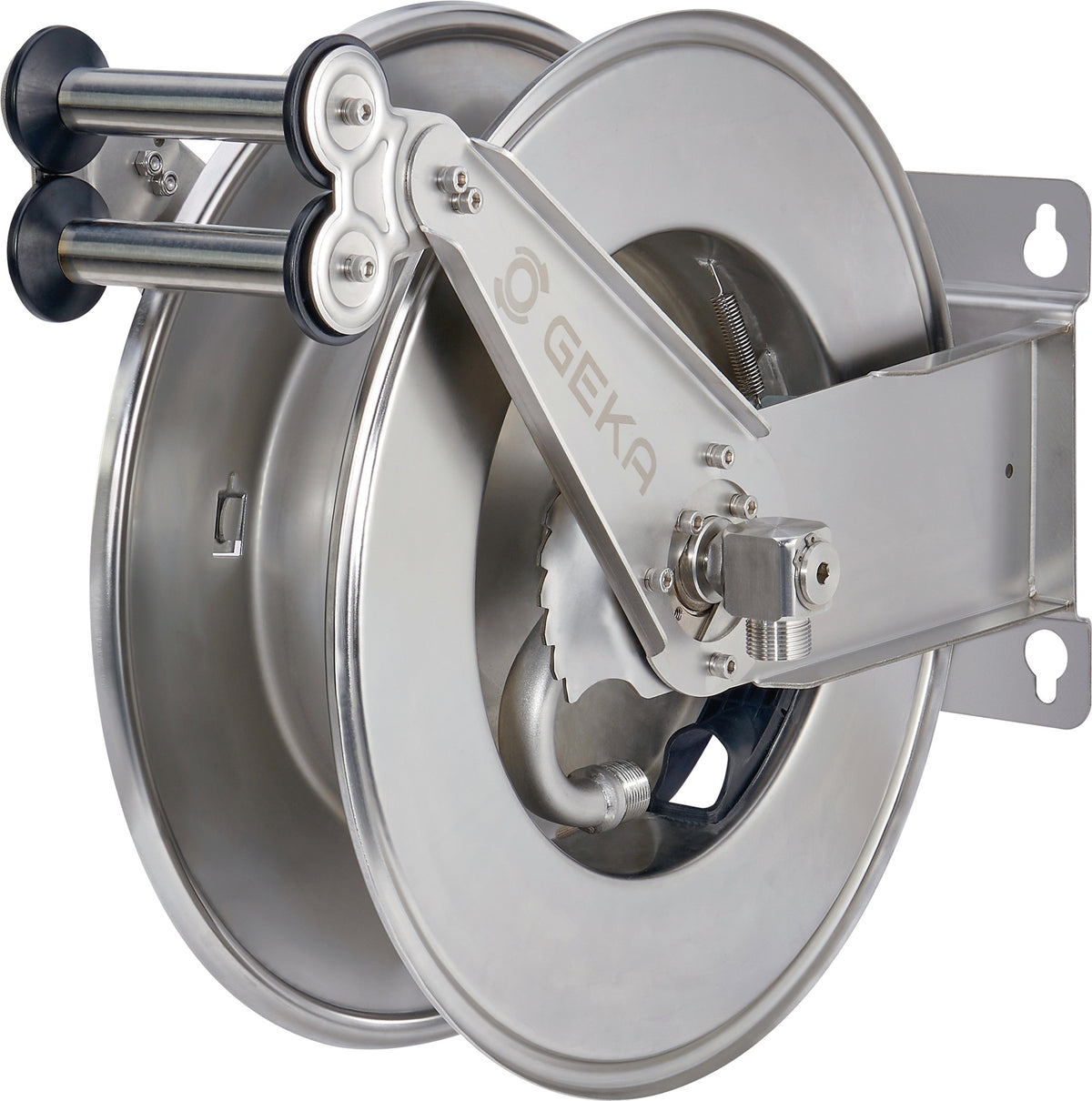 GEKA Schlauchaufroller EA15 aus Edelstahl – automatischer Rückzug, G 3/4 AG, für 1/2″ und 3/4″ Schläuche