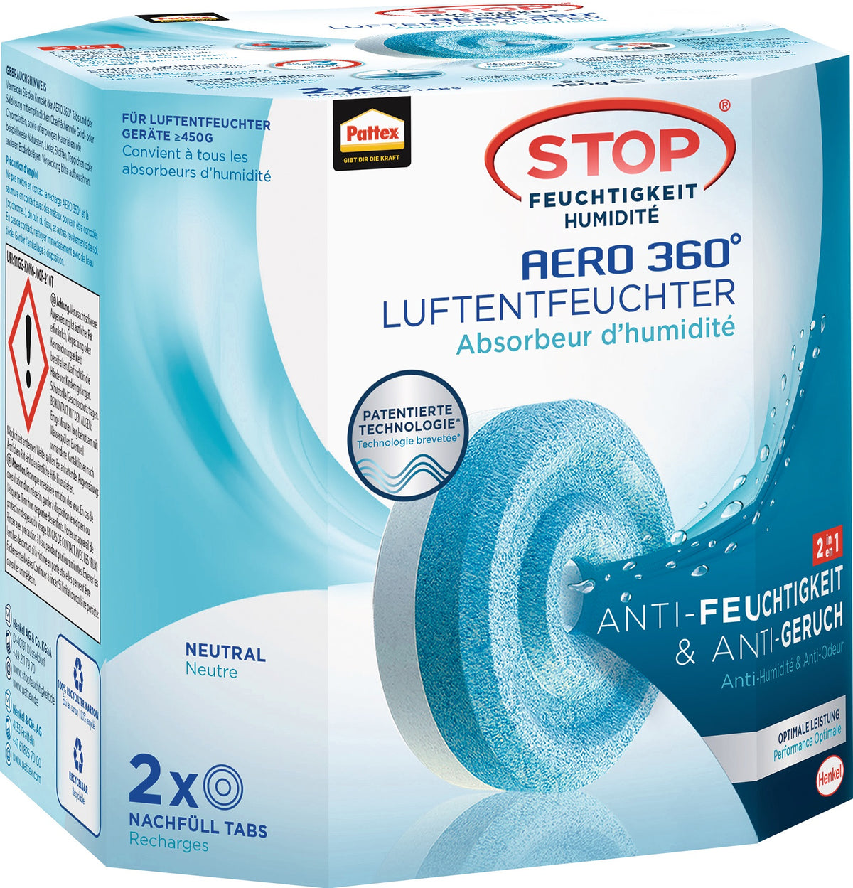 PATTEX Luftentfeuchter Aero 360 PA360 – 6er Pack, 6 Tabs à 450 g, für Räume bis 50 m³