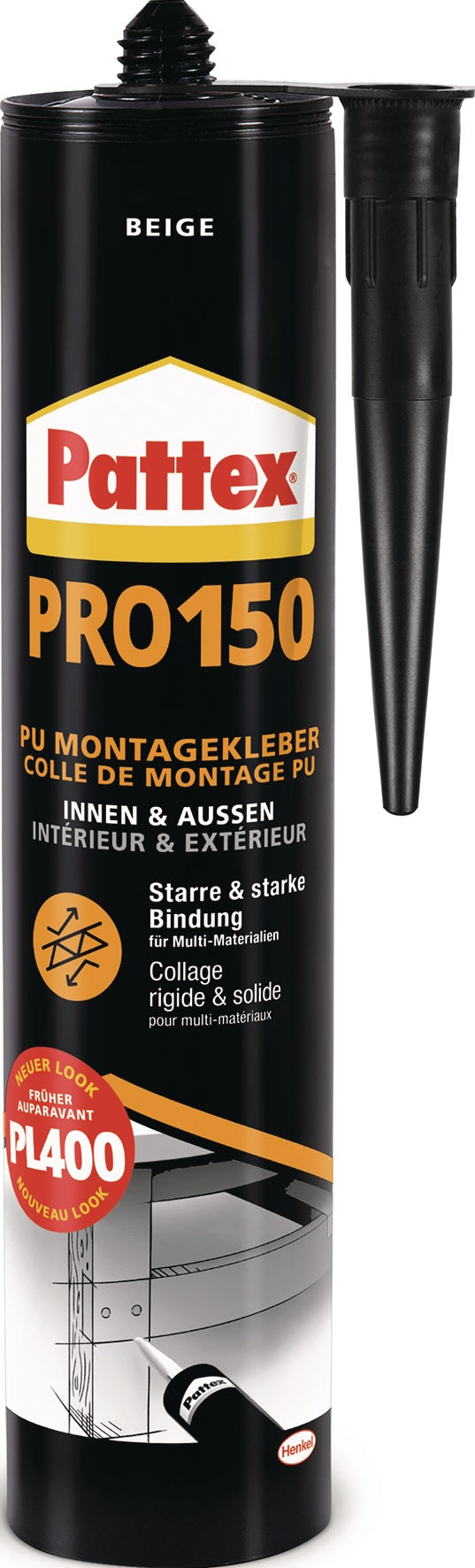 PATTEX Montagekleber PU PRO150 beige 495 g – Extrem schnelle Montageverklebungen, 12er-Pack