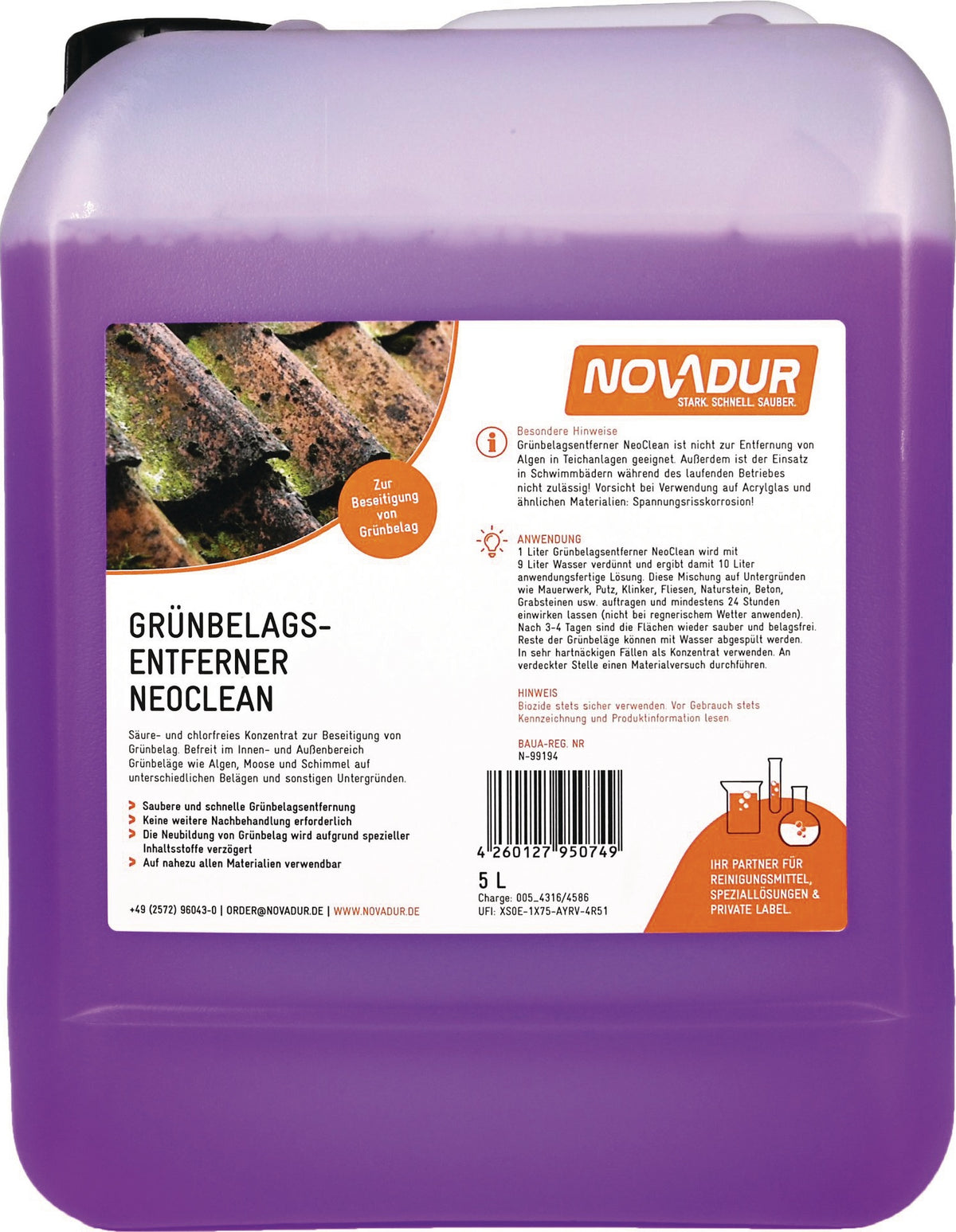 NOVADUR NeoClean Grünbelagentferner Konzentrat 1l – Säurefrei für Stein, Fliesen & Marmor